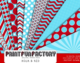 Aqua blue and red digital paper - blue and red patterns chevron swirl dots - 12 digital papers (#211) INSTANT DOWNLOAD
