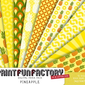 May include: A digital paper pack with 12 different pineapple themed patterns. The patterns include pineapples, stripes, polka dots, and geometric designs. The paper pack is available in A4 and letter size and is 300 DPI.