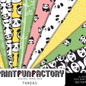 May include: A collection of 12 digital panda-themed paper designs. The patterns include panda faces, bamboo, and geometric shapes in various colors like yellow, green, and pink. The text "PRINTFUNFACTORY" and "PANDAS" are visible.