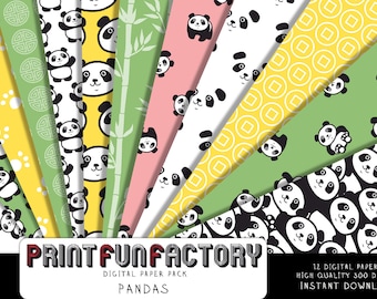 Panda digital paper - Panda black and white, green, yellow background paper  - 12 digital papers (#210) INSTANT DOWNLOAD