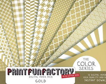 May include: A digital paper pack with 12 different patterns in gold and white. The patterns include polka dots, gingham, chevron, and more. The pack is called "The Color Series: Gold" and is available for instant download.