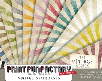 Starburst digital paper - sunburst vintage distressed scrapbook paper - 12 digital papers (#029) INSTANT DOWNLOAD
