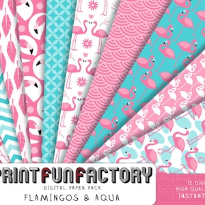 Flamingo digital paper Flamingo aqua & pink background paper 12 digital papers 129 INSTANT DOWNLOAD image 1