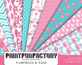 Flamingo digital paper - Flamingo aqua & pink background paper  - 12 digital papers (#129) INSTANT DOWNLOAD