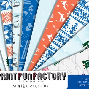 May include: A digital paper pack with 12 winter vacation themed patterns. The patterns include blue and white knit designs, red and white chevron patterns, and blue and white ski and snowboard designs. The text "PRINTFUNFACTORY" is in the bottom left corner. The text "DIGITAL PAPER PACK" is in the bottom center. The text "WINTER VACATION" is in the bottom center. The text "12 DIGITAL PAPERS" is in the bottom right corner. The text "HIGH QUALITY 300 DPI JPG" is in the bottom right corner. The text "INSTANT DOWNLOAD" is in the bottom right corner.