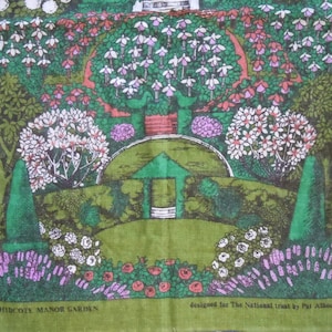 80&#39;s Hidcote Tea Towel Hidcote Manor Garden Signed Pat Albeck National Trust Kitchen Textile Wall Hanging