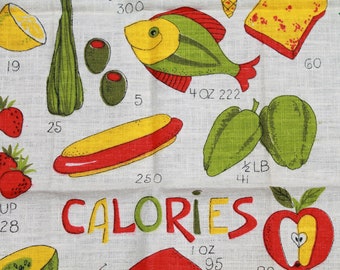 Vintage Linen Kitchen Towel Calorie Counting Towel Parisian Prints Pure Linen Red Green Yellow