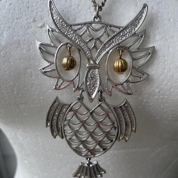Owl Necklace Pendant Necklace Articulated Owl Pendant Dangling Eyes Silver Owl
