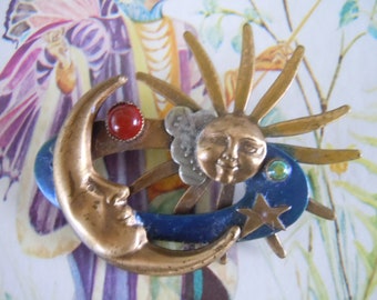 Sun Moon Brooch Artistic Galactic Collage Red Garnet Cabochon Steampunk Science Fiction