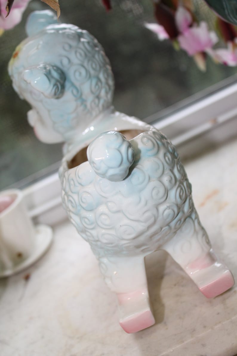 Lamb Collectible Baby Gift Newborn Makeup Holder Vanity Vintage Ceramic Lamb Planter INARCO Vase Blue Pink Rocker Nursery Decor