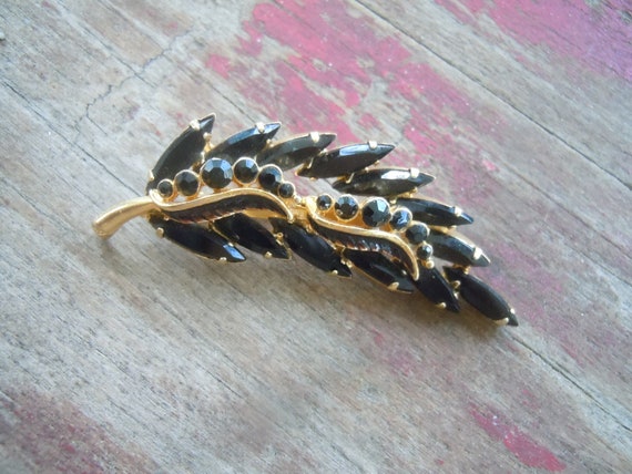 Black Rhinestone Leaf Brooch, Black Rhinestone Br… - image 5