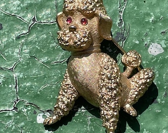 Crown Trifari Poodle Brooch Dog Pin Signed Rare Red Eyes Poodle Lover