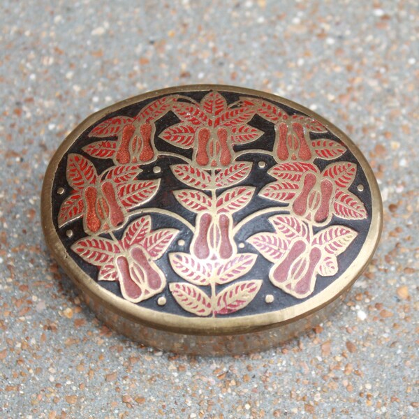 Brass Box Enamel Lid Leaves Black Red Box Hollywood Regency Trinket Box Cufflink Box Ring Box  Jewelry Box Storage Box Made India