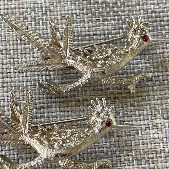 Roadrunner Brooch Set of 2 Ruby Red Eyed Silver T… - image 1