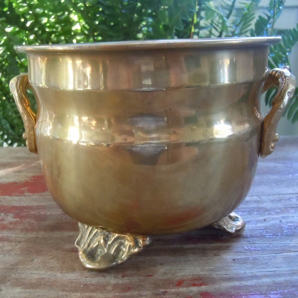 Brass Footed Bucket with Handles, Brass Bowl, Plant Holder, Trinket Dish