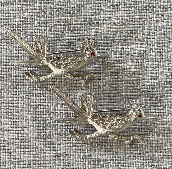 Roadrunner Brooch Set of 2 Ruby Red Eyed Silver T… - image 2