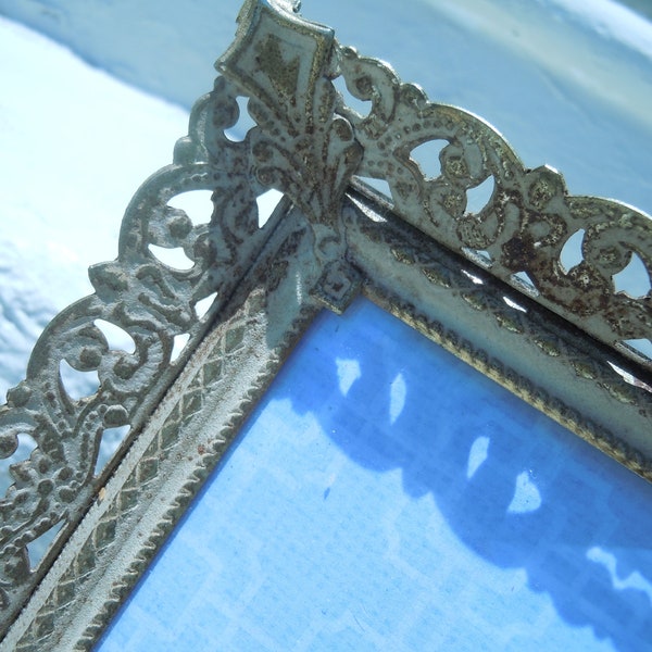 Filigree Gold White Washed Frame Ornate Filigree Picture Frame Easel Back 8X10 Gold Metal Frame Collectible Victorian French Cottage Shabby