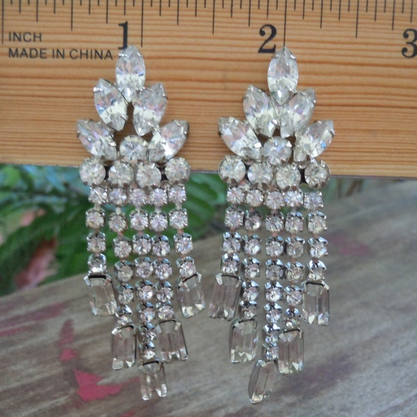 Rhinestone Dangle Earrings 1960's Art Deco Sparkling Drop Earrings Clip-on