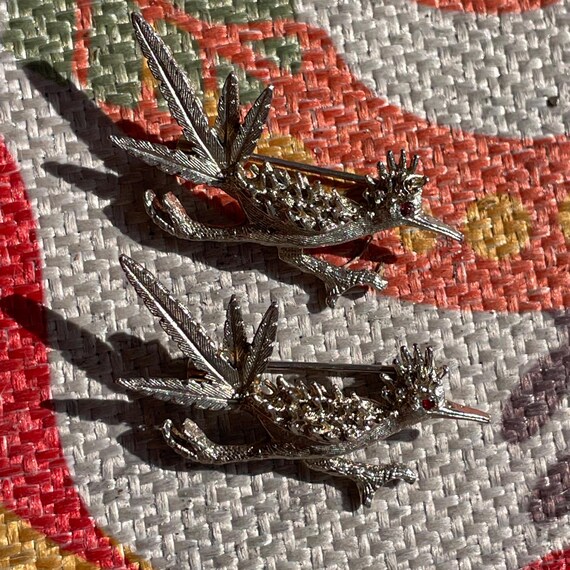 Roadrunner Brooch Set of 2 Ruby Red Eyed Silver T… - image 4