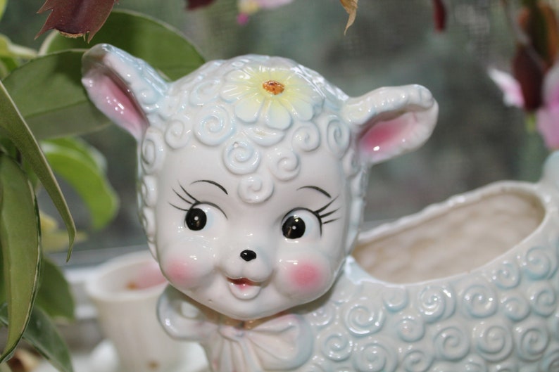 Lamb Collectible Baby Gift Newborn Makeup Holder Vanity Vintage Ceramic Lamb Planter INARCO Vase Blue Pink Rocker Nursery Decor