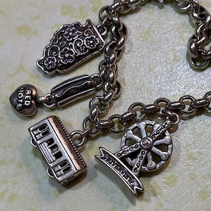 May include: A silver charm bracelet with various charms, including a state-shaped charm with purple flowers, a hot dog, a cable car, a Ferris wheel, and a heart-shaped charm with the text "RED HOTS".