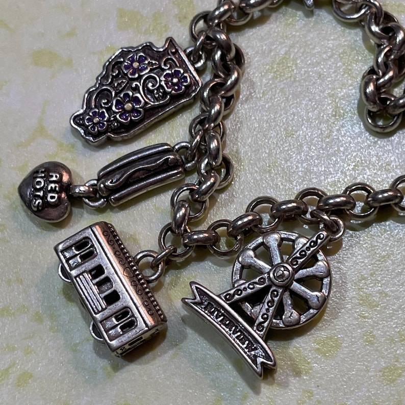May include: A silver charm bracelet with various charms, including a state-shaped charm with purple flowers, a hot dog, a cable car, a Ferris wheel, and a heart-shaped charm with the text "RED HOTS".