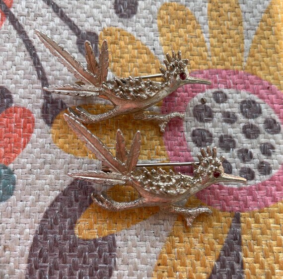 Roadrunner Brooch Set of 2 Ruby Red Eyed Silver T… - image 5