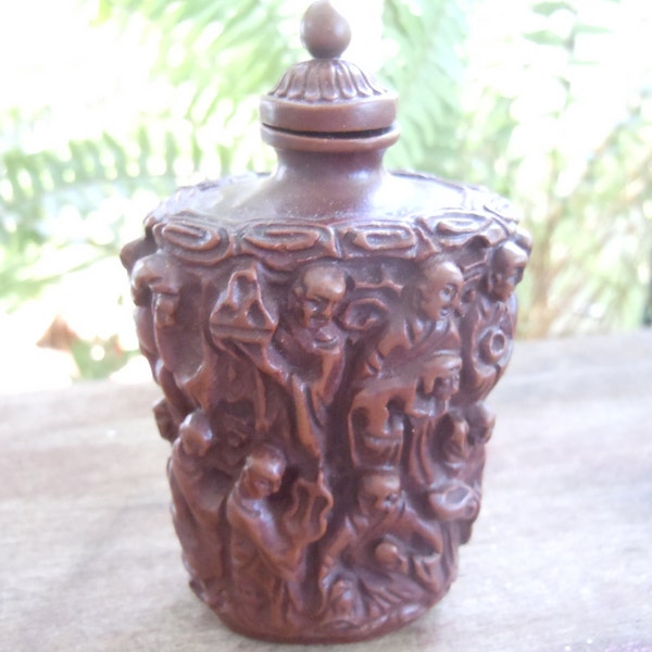 Chinese Snuff Bottle Hand Carved People Dog Monkey Vintage MCM
