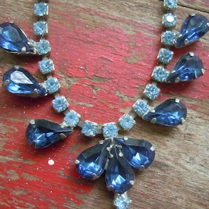 Blue Rhinestone Necklace Silver Tone Chain Blue Ice Tear Drop Shaped Rhinestones Vintage Necklace Unique Necklace Prom Wedding