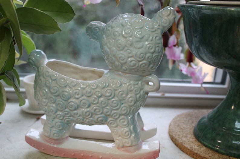 Lamb Collectible Baby Gift Newborn Makeup Holder Vanity Vintage Ceramic Lamb Planter INARCO Vase Blue Pink Rocker Nursery Decor