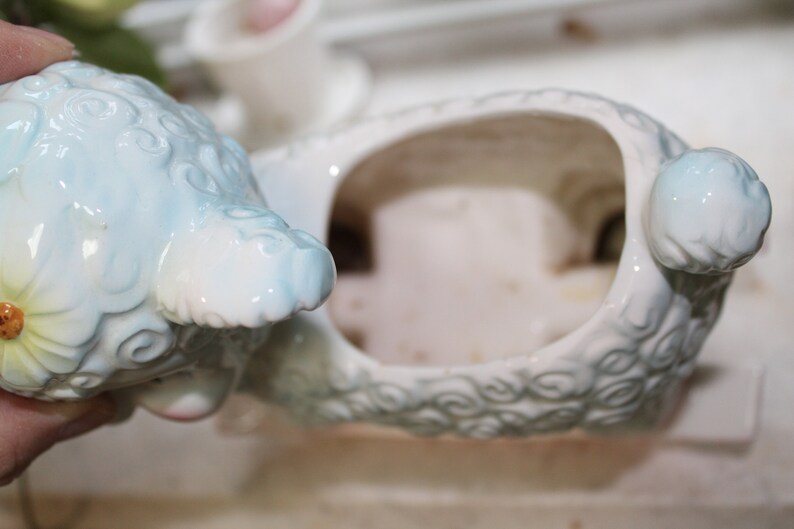 Lamb Collectible Baby Gift Newborn Makeup Holder Vanity Vintage Ceramic Lamb Planter INARCO Vase Blue Pink Rocker Nursery Decor