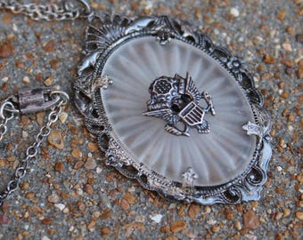 Art Deco Sterling Silver Camphor Glass Necklace Official Seal of United States