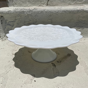 Fenton Milk Glass White Spanish Lace Cake Pedestal Stand Plate Wedding Kitchen Decor Scalloped Edges Stunning Wedding Cake Plate