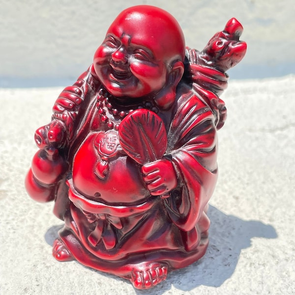 Laughing Budda Happy Chinese Asian Buddha Lucky Figurine Statue Red Resin Figure Taiwan Home Decor