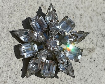 Rhinestone Starburst Brooch, Silver Tone Pin Two-Tiered Vintage