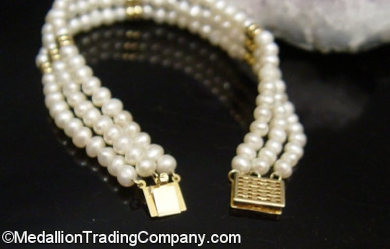 14k Yellow Gold 4mm Pearl Triple Strand Spacer Bead Bar Bracelet Filigree Clasp