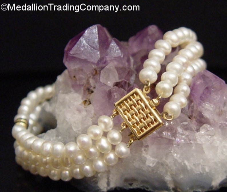 14k Yellow Gold 4mm Pearl Triple Strand Spacer Bead Bar Bracelet Filigree Clasp