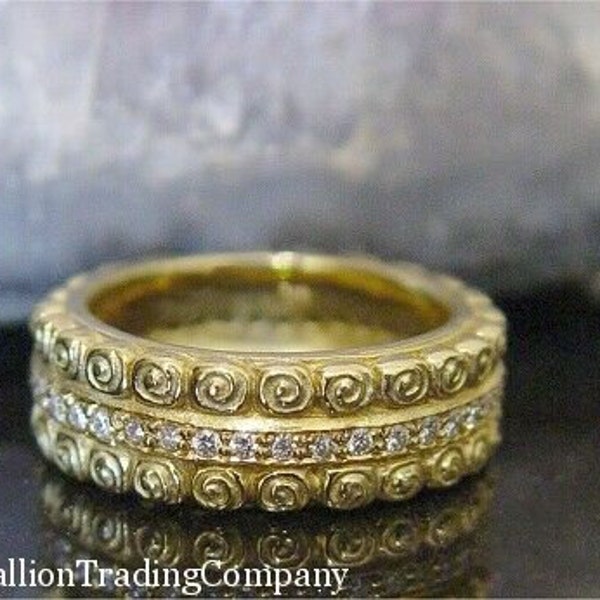 18k Solid Yellow Gold Mini Roses Brushed Band .40 ct Diamond Eternity Ring Size 6.75