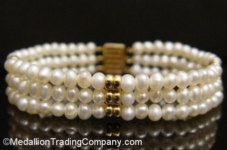14k Yellow Gold 4mm Pearl Triple Strand Spacer Bead Bar Bracelet Filigree Clasp