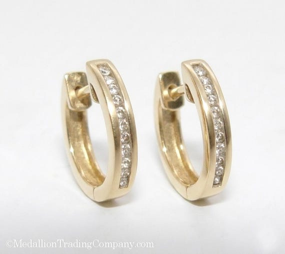 14kYellow Gold Natural Diamond Channel Set Oval 16mm Huggie Mini Hoop Earrings