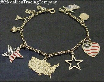 14k Yellow gold Patriotic USA Trump American Flag Heart Star Charm Bracelet 7"