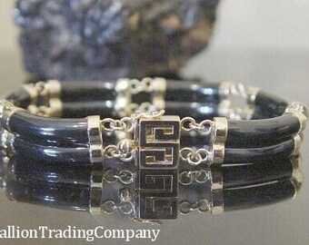 14K Yellow Gold Gump's Onyx Black Jade Double Row Tube Segment Bracelet 7 inch
