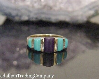 14k Yellow Gold Persian Turquoise Lapis Band Stripe Ring Vintage Kabana Size 6