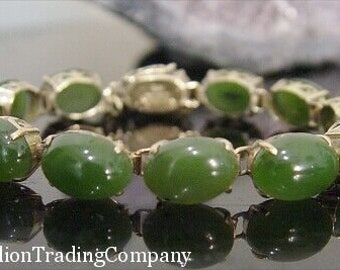 Vintage 14k Yellow Gold Nephrite Spinach Jade 10mm Oval Link Bracelet w/ Chain