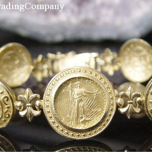 14k 22k Gold 2007 Liberty American Eagle 5 Coin Etruscan Fleur di Lis Bracelet