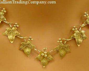 Victorian Art Nouveau 14k Gold Patina Grape Vine Leaves Lavalier Chain Necklace