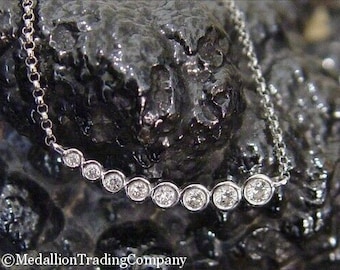 14k White Gold .25 Carat Bezel Set Graduating Diamond Line Rolo Chain Necklace