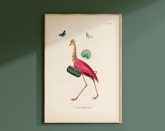 Fun Vintage Print, Giraffe Print, Unframed, A2/A3/A4/A5, Fun Quirky Print, Digital Collage Print, Eclectic Gallery, Flamingo, Catwalk