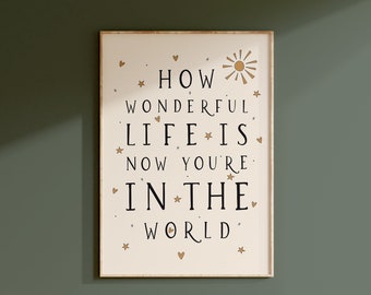 How Wonderful Life Is Now You're In The World, Nursery Print, Kids Bedroom, Playroom, Unframed, A1/A2/A3/A4/A5/50x70cm/16x20", Quote Print