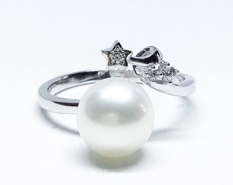 Blest Jewellery- Pearl Ring - AAA 7-8MM White Color Freshwater Pearl Ring, Cubic Zirconia With 925 Silver